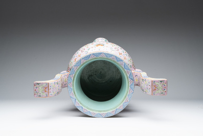 A large and impressive Chinese famille rose 'bajixiang and lotus scroll' censer with a wooden cover, Jiaqing mark and of the period