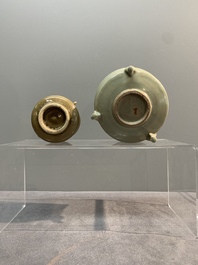 Two Chinese Longquan celadon incense burners and three saucers, Yuan/Ming