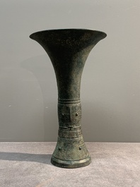 A Chinese archaic bronze ritual wine vessel, 'gu 觚', Shang