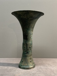 A Chinese archaic bronze ritual wine vessel, 'gu 觚', Shang