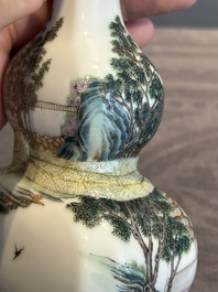 A compressed Chinese famille rose 'silk production' double-gourd vase, Republic