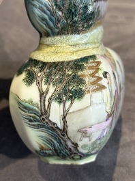 A compressed Chinese famille rose 'silk production' double-gourd vase, Republic