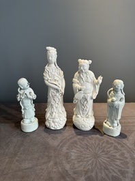 A pair of Chinese white-glazed figures and two Dehua blanc de Chine figures, 18th C. and Republic