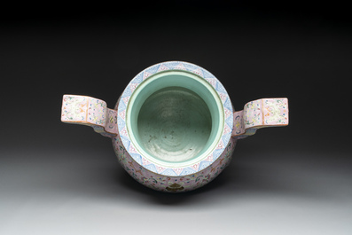 A large and impressive Chinese famille rose 'bajixiang and lotus scroll' censer with a wooden cover, Jiaqing mark and of the period