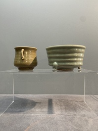 Two Chinese Longquan celadon incense burners and three saucers, Yuan/Ming
