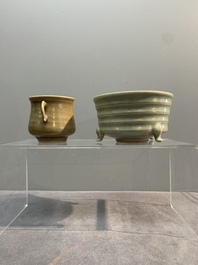 Two Chinese Longquan celadon incense burners and three saucers, Yuan/Ming