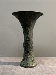A Chinese archaic bronze ritual wine vessel, 'gu 觚', Shang