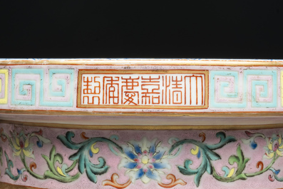 A large and impressive Chinese famille rose 'bajixiang and lotus scroll' censer with a wooden cover, Jiaqing mark and of the period