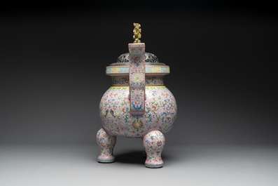 A large and impressive Chinese famille rose 'bajixiang and lotus scroll' censer with a wooden cover, Jiaqing mark and of the period