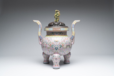 A large and impressive Chinese famille rose 'bajixiang and lotus scroll' censer with a wooden cover, Jiaqing mark and of the period