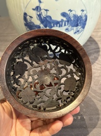 A Chinese blue and white 'playing boys' vase and wooden cover, Kangxi