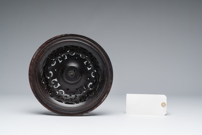 A large and impressive Chinese famille rose 'bajixiang and lotus scroll' censer with a wooden cover, Jiaqing mark and of the period