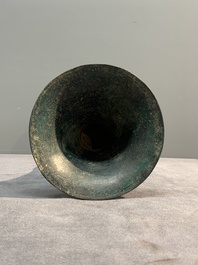 A Chinese archaic bronze ritual wine vessel, 'gu 觚', Shang