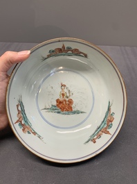 Two Dutch-decorated Chinese blue and white bowls with figures and landscapes, Qianlong