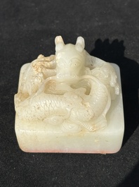 A Chinese white jade 'dragon' seal, Li Shiming 李世民 mark, Qing