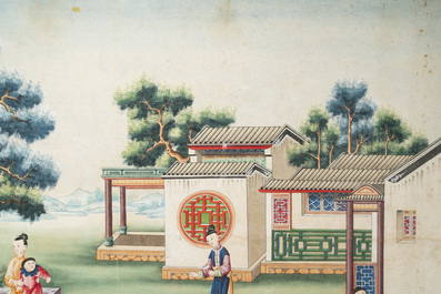 Canton school: 'Scene from the garden of the official residence', gouache on paper, Qianlong