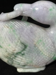 A pair of Chinese lavender- and apple-green jadeite mandarin ducks, Qing
