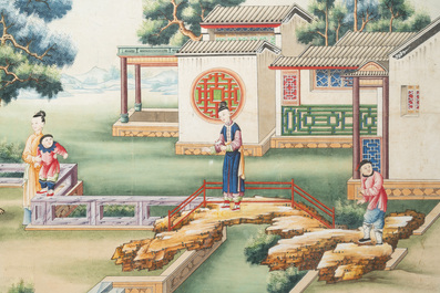 Canton school: 'Scene from the garden of the official residence', gouache on paper, Qianlong