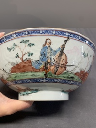 Two Dutch-decorated Chinese blue and white bowls with figures and landscapes, Qianlong