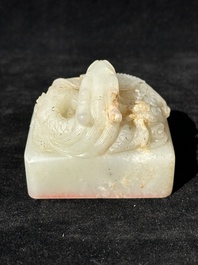A Chinese white jade 'dragon' seal, Li Shiming 李世民 mark, Qing