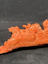 A Chinese red coral 'Sanxing' group on wooden stand, 19/20th C.