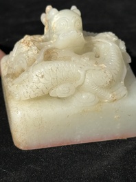 A Chinese white jade 'dragon' seal, Li Shiming 李世民 mark, Qing