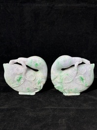 A pair of Chinese lavender- and apple-green jadeite mandarin ducks, Qing