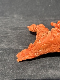 A Chinese red coral 'Sanxing' group on wooden stand, 19/20th C.
