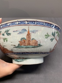 Two Dutch-decorated Chinese blue and white bowls with figures and landscapes, Qianlong