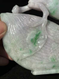 A pair of Chinese lavender- and apple-green jadeite mandarin ducks, Qing