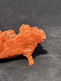 A Chinese red coral 'Sanxing' group on wooden stand, 19/20th C.