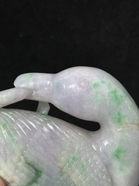 A pair of Chinese lavender- and apple-green jadeite mandarin ducks, Qing