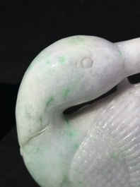 A pair of Chinese lavender- and apple-green jadeite mandarin ducks, Qing