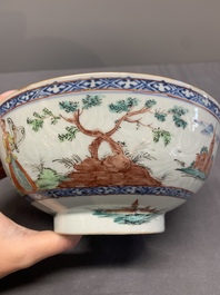 Two Dutch-decorated Chinese blue and white bowls with figures and landscapes, Qianlong