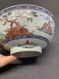 Two Dutch-decorated Chinese blue and white bowls with figures and landscapes, Qianlong