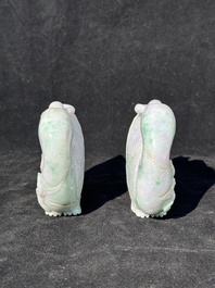 A pair of Chinese lavender- and apple-green jadeite mandarin ducks, Qing