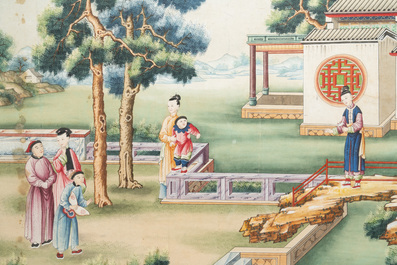 Canton school: 'Scene from the garden of the official residence', gouache on paper, Qianlong