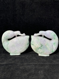 A pair of Chinese lavender- and apple-green jadeite mandarin ducks, Qing