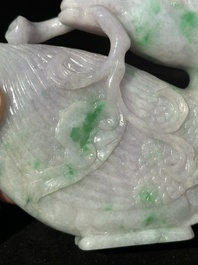 A pair of Chinese lavender- and apple-green jadeite mandarin ducks, Qing