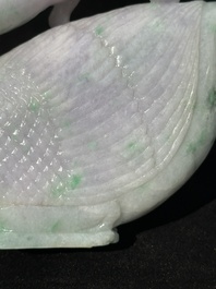 A pair of Chinese lavender- and apple-green jadeite mandarin ducks, Qing