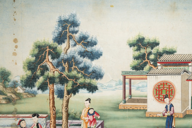 Canton school: 'Scene from the garden of the official residence', gouache on paper, Qianlong