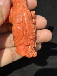 Two Chinese red coral figures of Shoulao on wooden stand, 19/20th C.