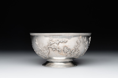 A Chinese sterling silver 'Three Friends of Winter' bowl, 20th C.