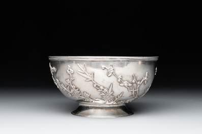 A Chinese sterling silver 'Three Friends of Winter' bowl, 20th C.