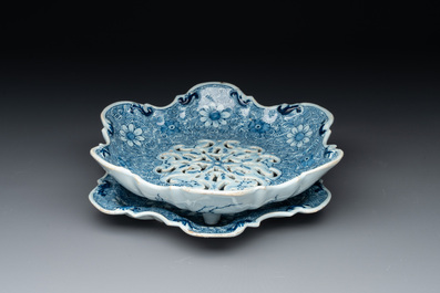 A blue and white Dutch Delft strawberry strainer and stand, 18th C.