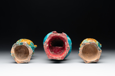 A Chinese sancai three-piece altar garniture, Ming
