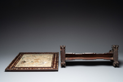 A Chinese mother-of-pearl-inlaid wooden table screen with silk embroidery, Canton, 19th C.