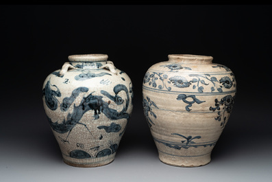 Two Chinese blue and white Swatow jars with dragons and flowers, Ming