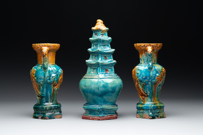 A Chinese sancai three-piece altar garniture, Ming