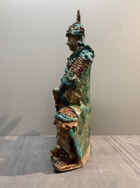 An impressive and fine Chinese sancai-glazed biscuit Guandi, Ming, 17th C.
